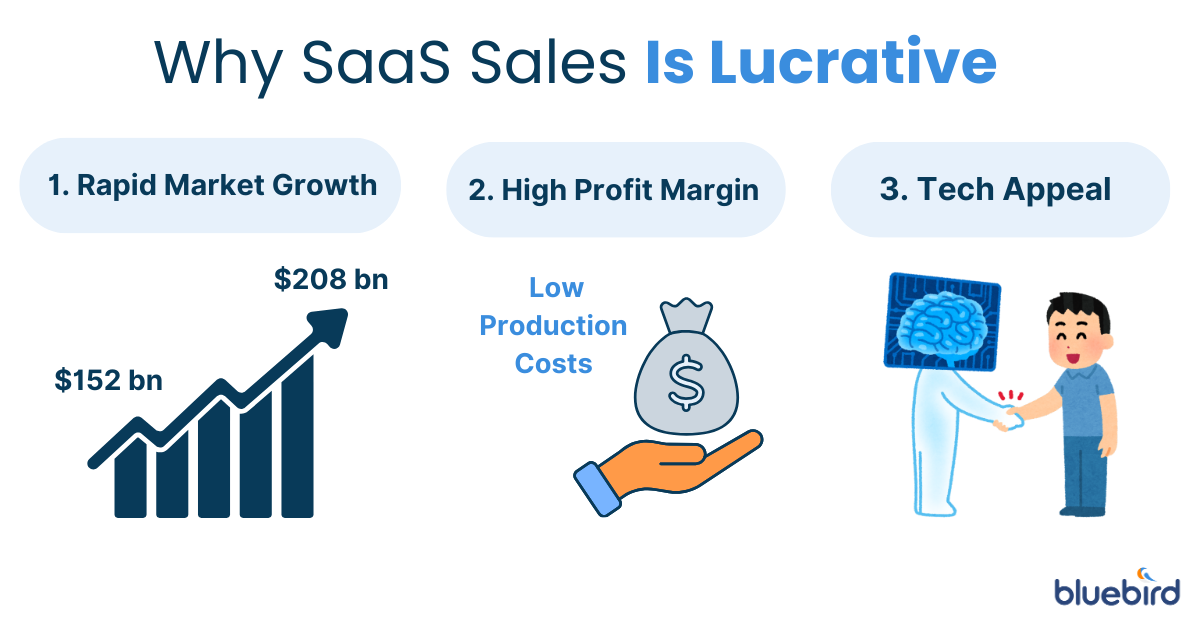 An infographic describing why SaaS Sales is lucrative: rapid market growth, high profit margin and tech appeal.