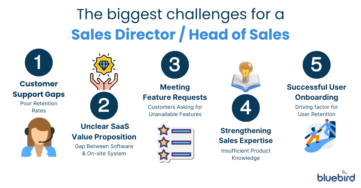 An infographic describing the biggest challenges for a sales director/ head of sales: customer support gaps, unclear SaaS value proposition, meeting feature requests, strengthening sales expertise and successful user onboarding.