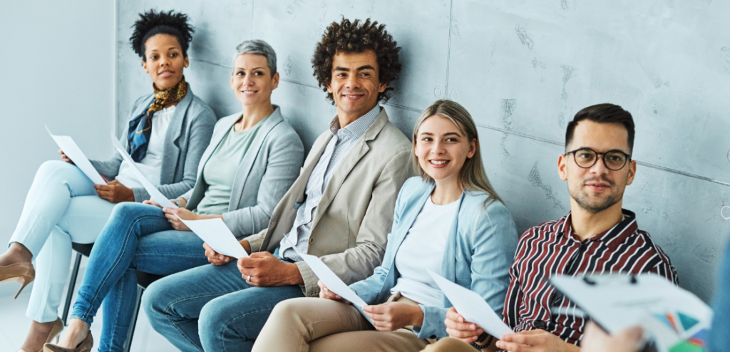 man business chair sitting waiting woman businessman SaaS candidate recruitment businesswoman office businessperson job young interview line